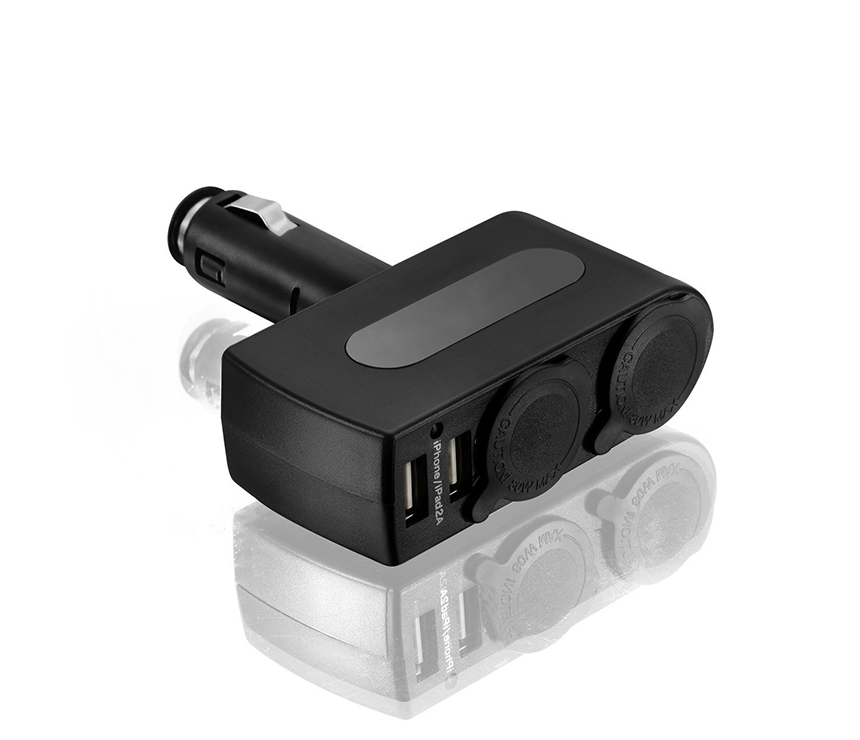 PA220 Dual Cigarette Socket Car Charger with 2 Ports USB Hub